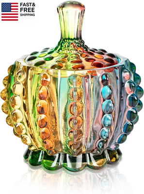 6 Oz Colorful Embossed Glass Jars with Lid - Crystal Glass Candy Dishes - Iride