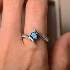 925 Sterling Silver Blue Topaz Gemstone Dainty Round Women Ring Duty Free