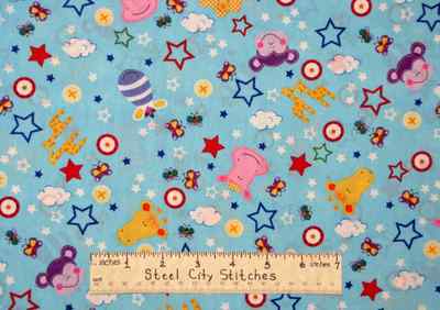 Hippo Giraffe Butterfly Star Toss Blue Cotton Fabric Marcus Brothers 1.4 Yards