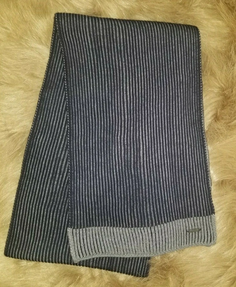 Bufanda de lana virgen HUGO BOSS punto acanalado azul marino gris melange 78"L x 10"W Foto 2 de 4