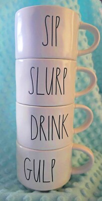Rae Dunn DRINK SLURP SIP GULP  Set of 4 Ceramic Full Size Mugs -w/Black Mug Rack