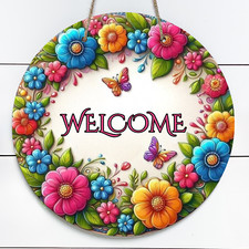 Spring Flowers Welcome 10" Metal Round Door Sign Pink