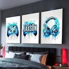 Personalised Blue Gaming Prints Boys Bedroom Xbox Wall Art Gamer Poster Set of 3