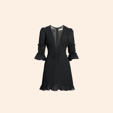 NWT $248 Reformation Laurelei Dress Black Mini Tie Ruffle Plunge Puffed Sleeve 2