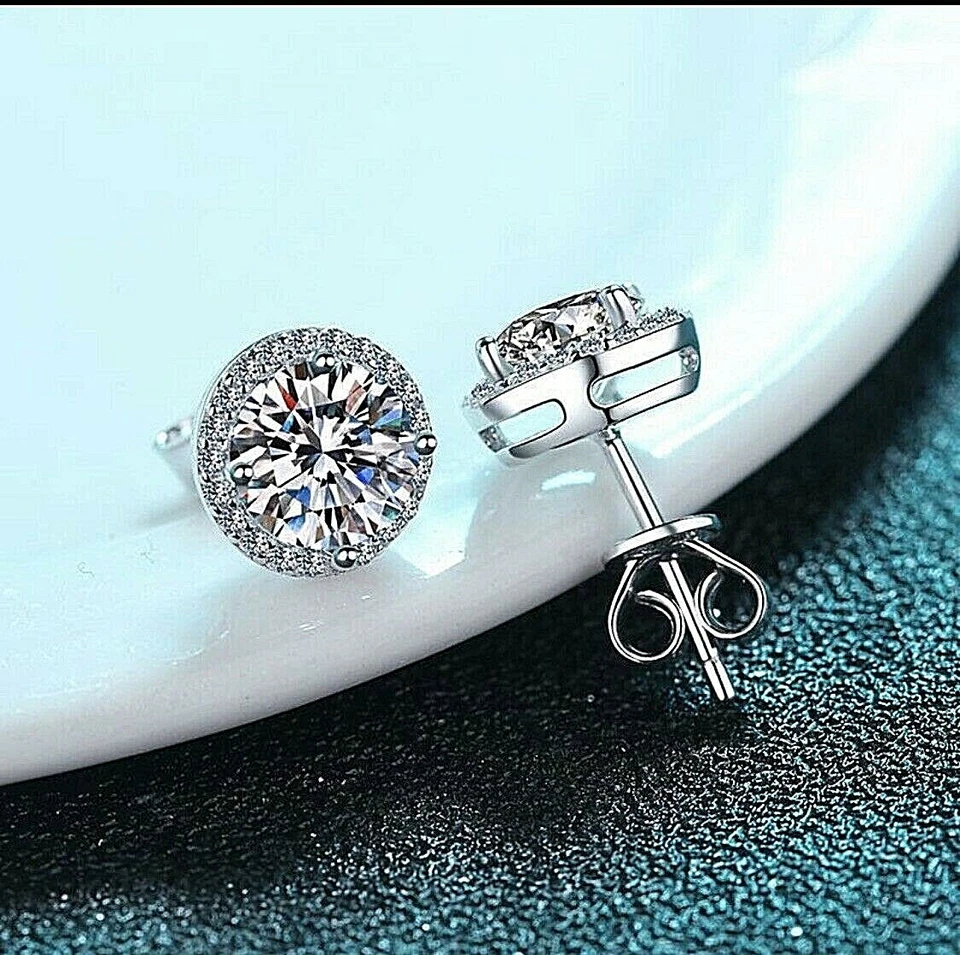 4 Ct Halo Round Cut VVS/D Lab Created Stud Earrings 14K White Gold Push Back 8mm - Image 4 of 4