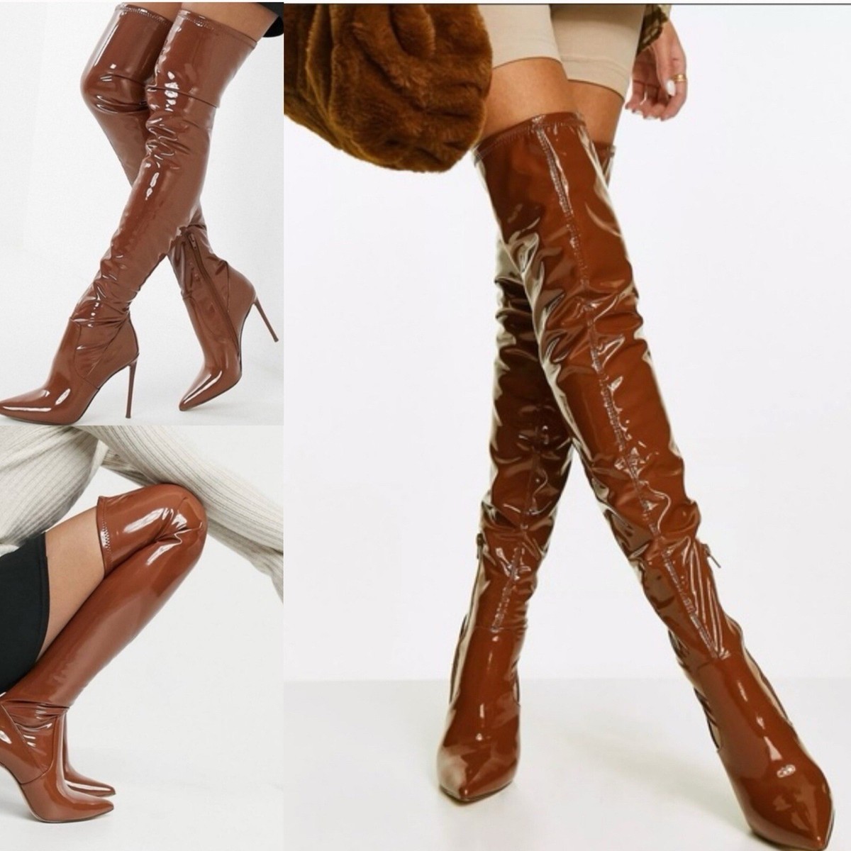 Steve Madden Vanquish Cognac Patent Leather Over the Knee POINTED