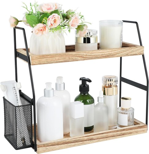 Bathroom Counter Organizer, 2-Tier Standing Storage Shelf with Basket, Wood Tray