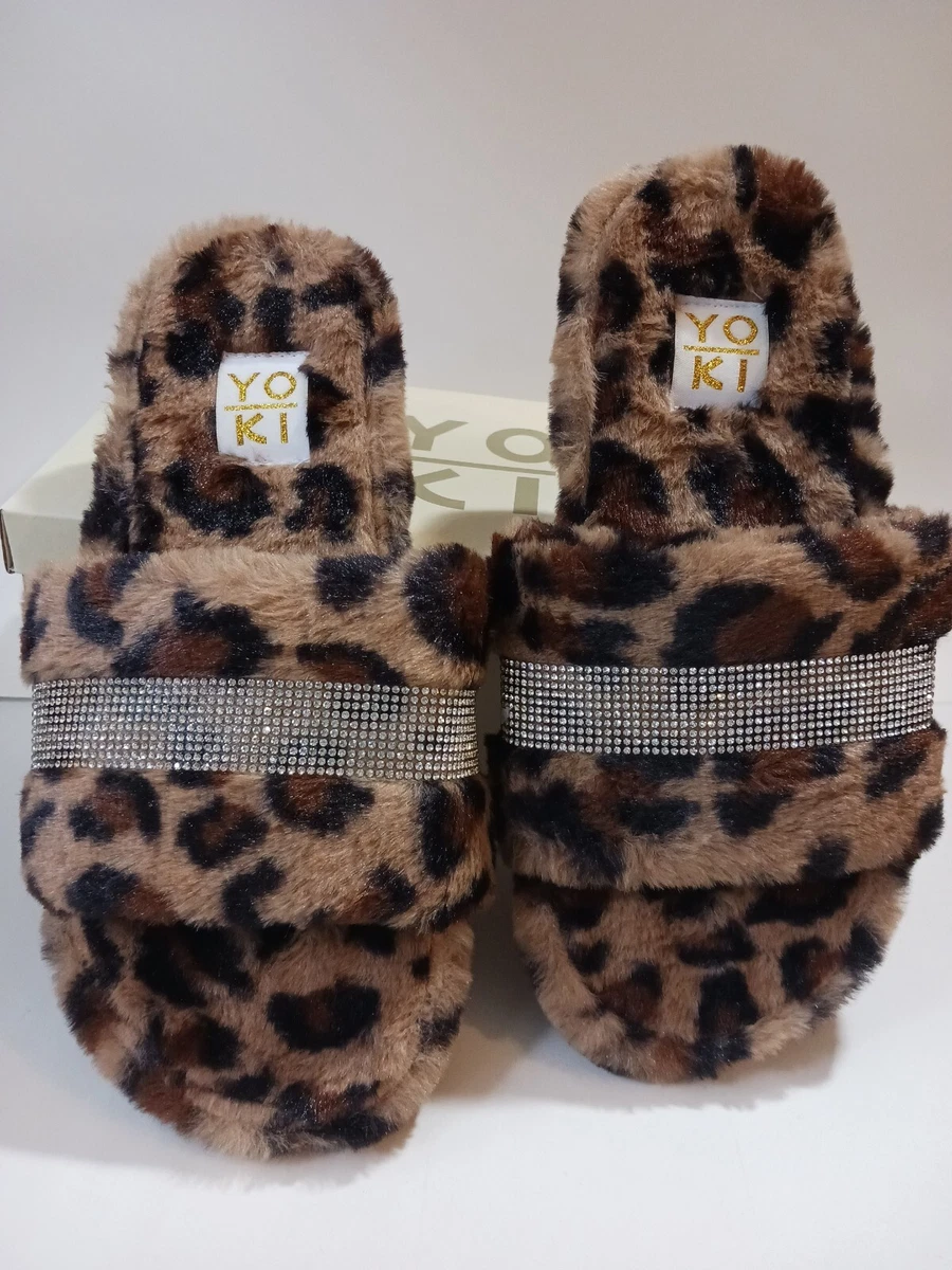 NEW Yoki Fashion Chany Womens 9 US Leopard Print Faux Fur Slide Slippers Sandals