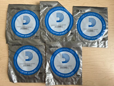 Pack of 5 - D'Addario PL010 Plain Steel Guitar Single String, .010 .250mm 