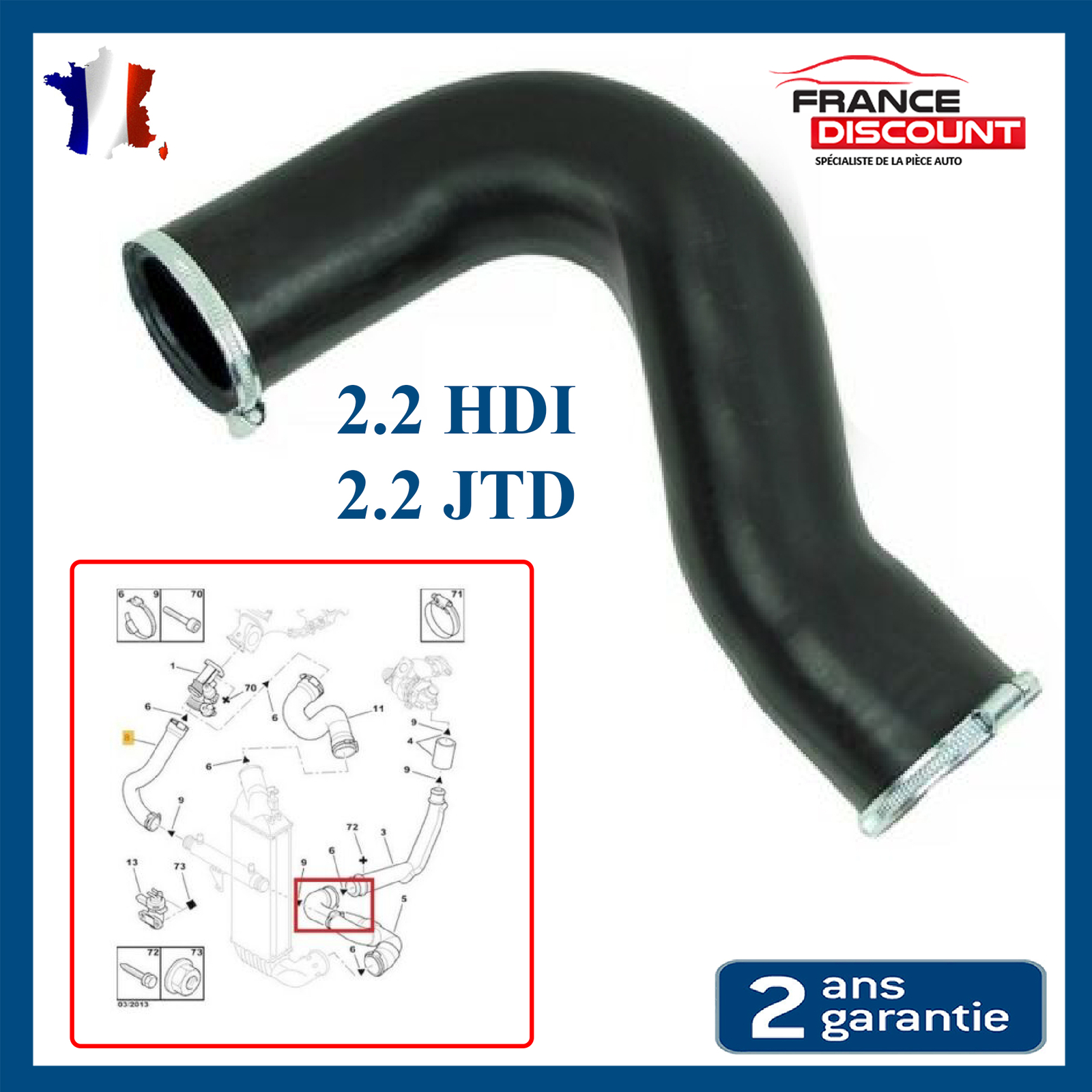 Durite turbo Fiat Ulysse 2.2 HDI gaine suralimentation 163 128 ch 0382X3 neuve