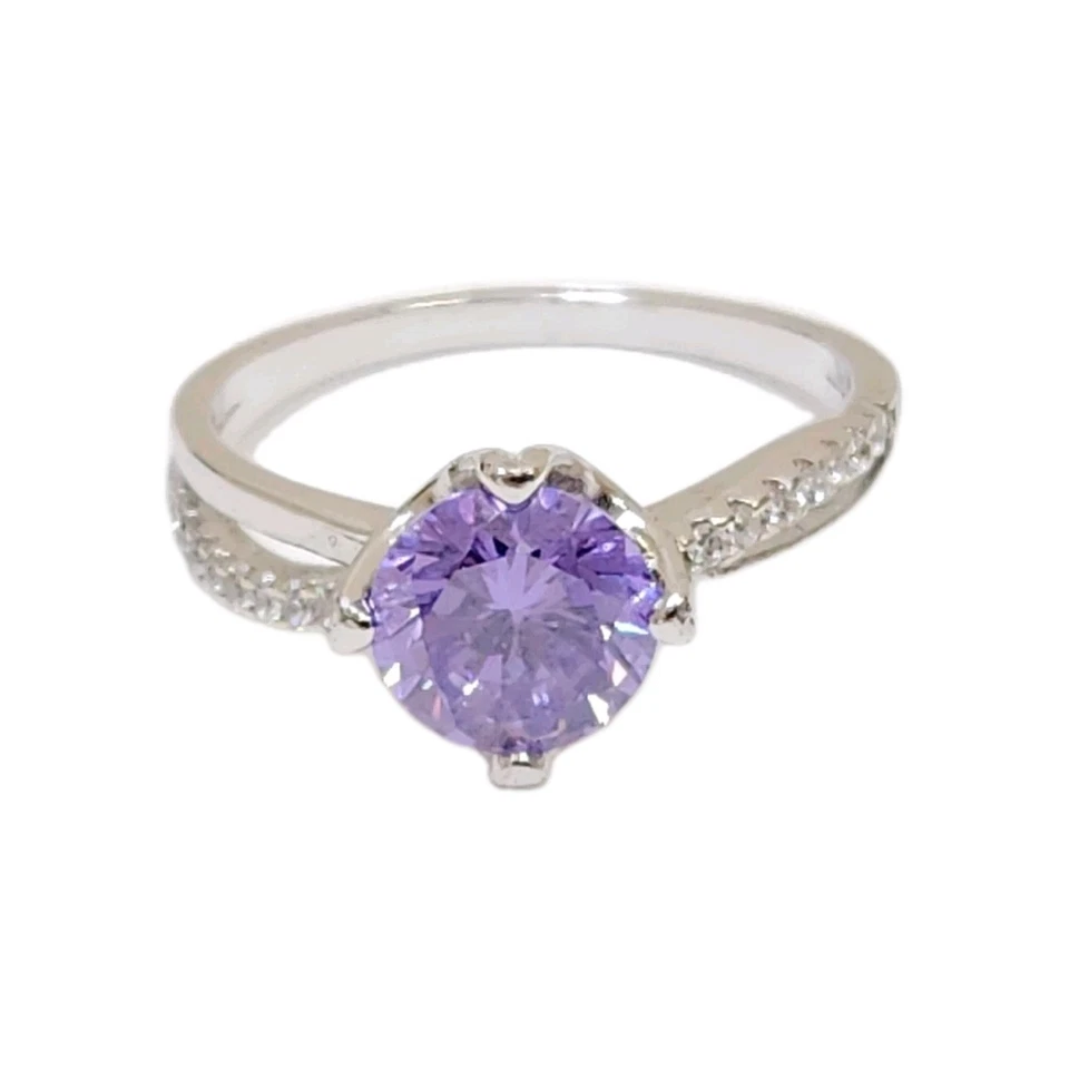 ANILLO DE CÓCTEL SOLITARIO AMATISTA PÚRPURA HGE ORO BLANCO 14K ACENTOS CIRCONITA TALLA 5,75 Foto 2 de 4