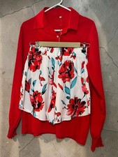 Two-Piece Floral Shorts Set Red Long Sleeve Blouse Size M