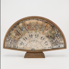 Antique 18th C Mother of Pearl Folding Fan Hand Painted Court Scene