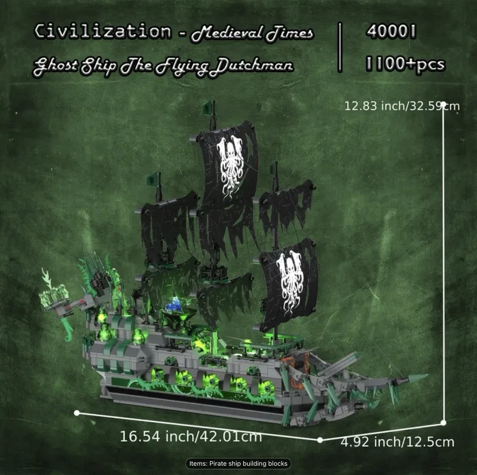 Flying Dutchman Ship Caribbean Pirate Building Block Toy MOC, Ghost Ship w/ LED - Image 2 of 4