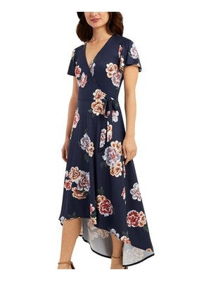 BCX DRESS Womens Hi-Lo Midi Dress Navy Tie Short Sleeve Juniors S