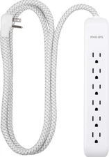 Philips 6 Outlet Surge Protector 6Ft Extension Cord Flat Plug Tangle Free White
