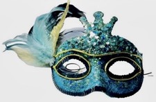 VINTAGE Mardi Gras Sequins  Feathers Masquerade Eye Mask Turquoise Blue 