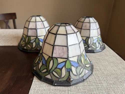 Vintage Tiffany Style Stained Glass Lamp Shade Chandelier Pendants Set Of 3