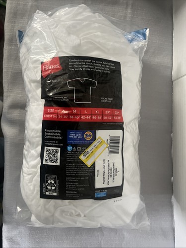 Hanes Hemden Herren Große 42/44 Weiß Baumwolle V-Ausschnitt Kurzarm Ohne Etikett 5er Pack - Bild 2 von 2