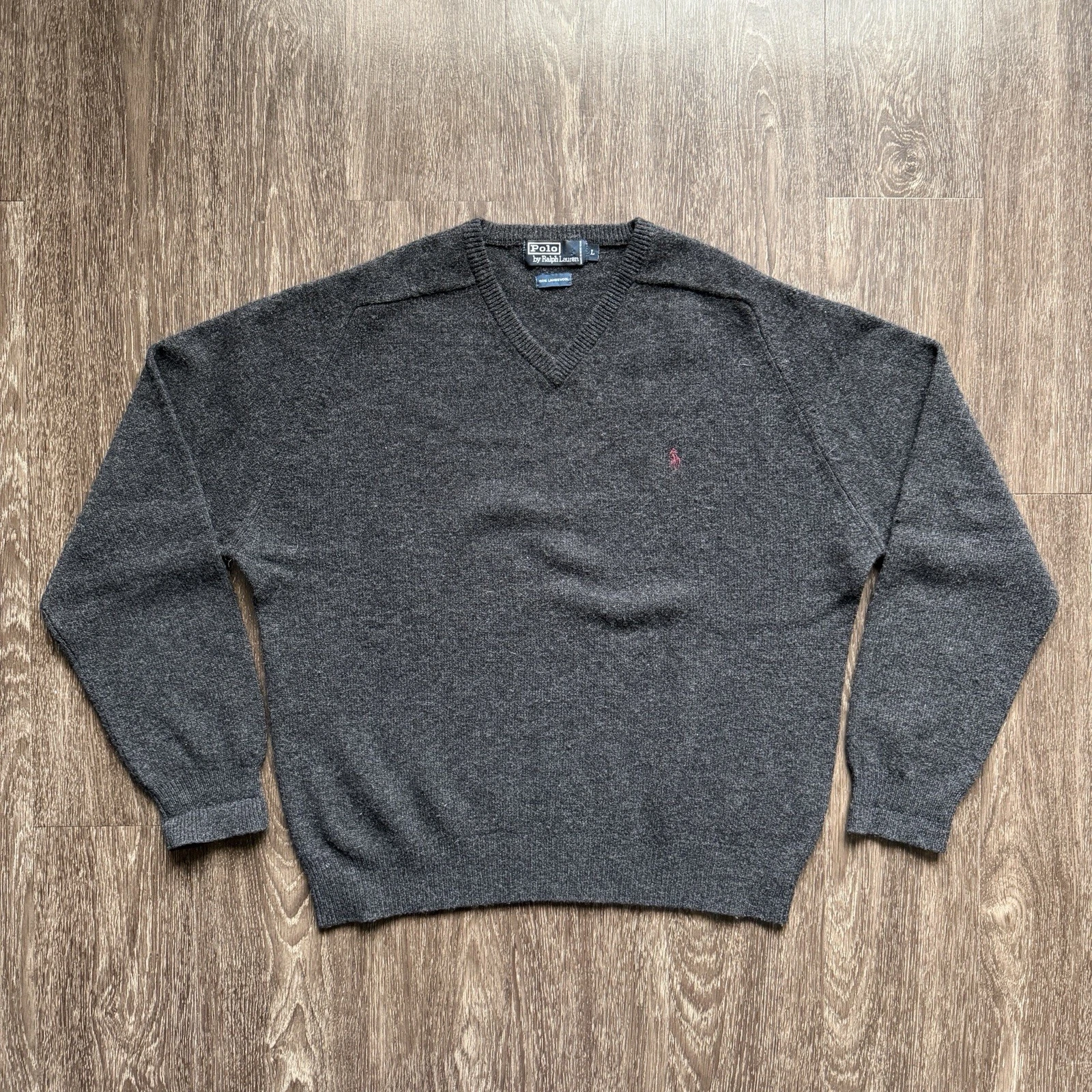 VTG Polo Ralph Lauren Sweater Mens Large Grey Lambswool V Neck Pullover Pony