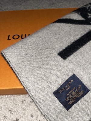 Louis Vuitton Schal 100% Kaschmir grau/schwarz Logo Monogramm mit Fransen