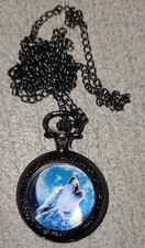 Howling Wolf Moon Quartz Pocket Watch Pendant W Chain