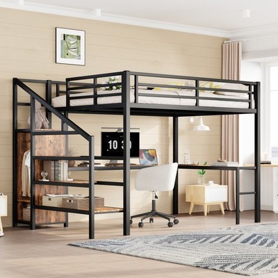 Queen Size Metal Loft Bed W/ L-shaped Desk/ USB/Wardrobe/  Adjustable Shelf/LED