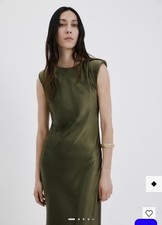 NWT MANGO Satin Dress W Shoulder Pads Green 6