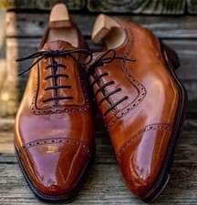 Men's Handcrafted Tan Color Leather Oxford Cap-Toe Lace Up Formal Wear Shoes Men