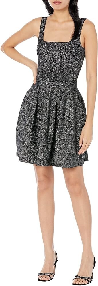 ted baker black and silver dress TED BAKER Black Silver Metallic Stretch Knit Cross Over Slit Dress 2TB = 6  US S