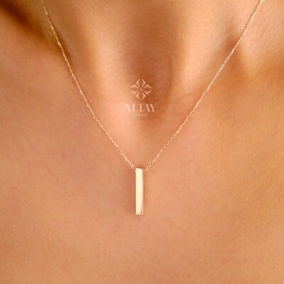 14K Gold 3D vertikale Stab Halskette, Gravur individuelle Namenskette, Geschenk für sie