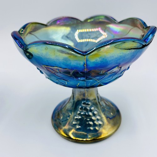 Vintage Indiana Carnival Glass Blue Candlestick Holder 4” Tall Lot 2 Grape Vines - Picture 4 of 9
