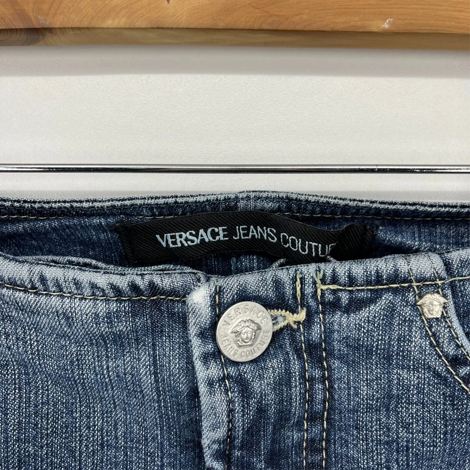 Pantalones de mezclilla Versace Jeans de alta costura para mujer 27 azules tiro bajo Y2K vintage Italia Medusa Foto 4 de 4