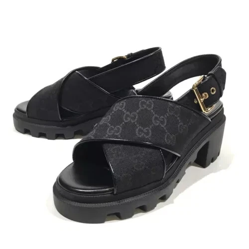 NOUVELLES SANDALES PLATES GUCCI GG SUPREME SLINGBACK NOIRES FEMMES US 8,5 BOÎTE ET SACS