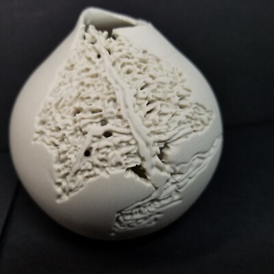 Trees In Porcelain Vase Tim Erika Peters Carved Art Pottery Bisque 1997 Signed