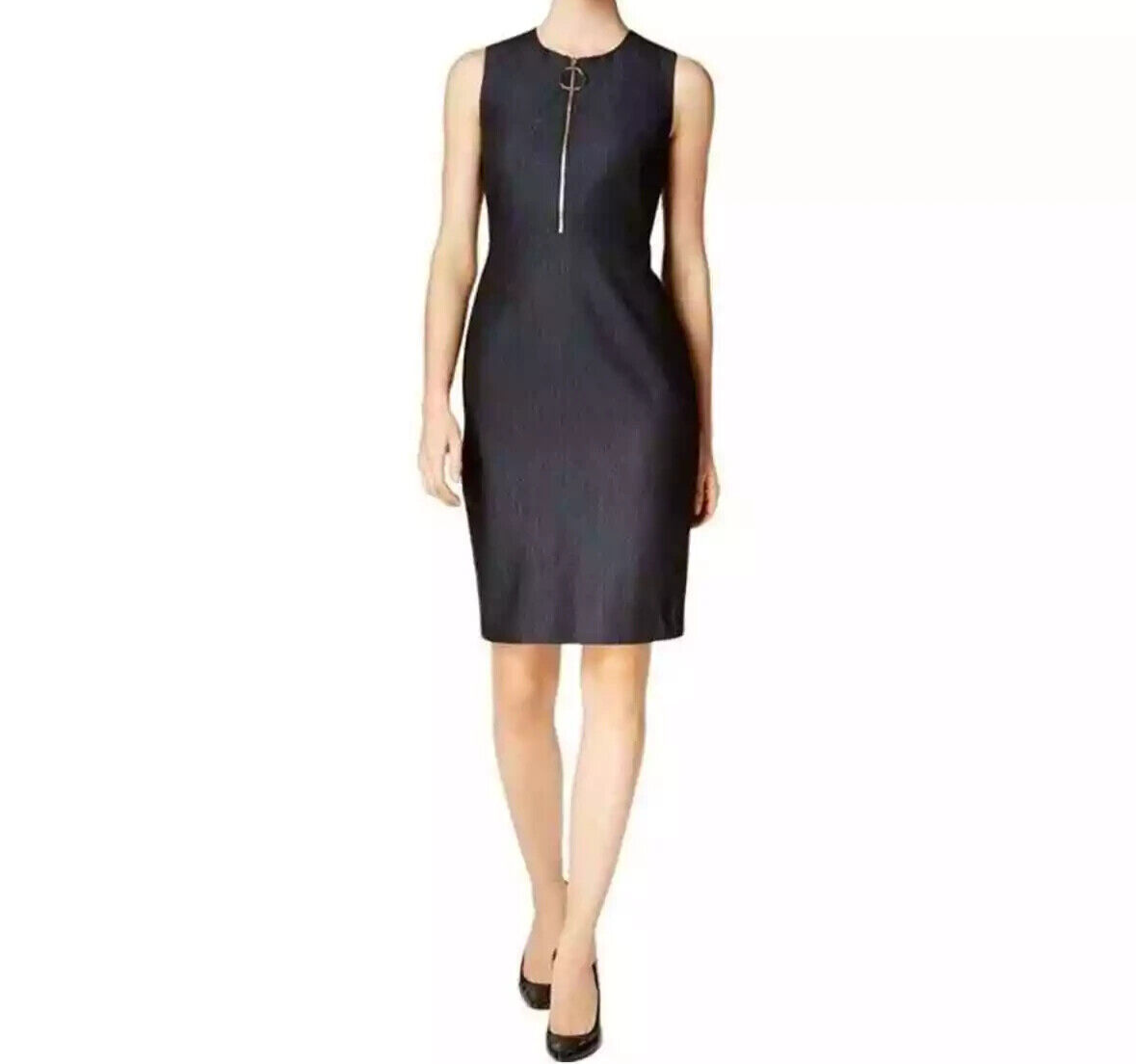 Calvin Klein Dress Navy Sheath Front Zip Gold O-Ring business work Size 6 |  eBay