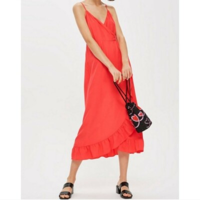 Topshop Ruffle Wrap Dress Midi Coral Size 2 | eBay