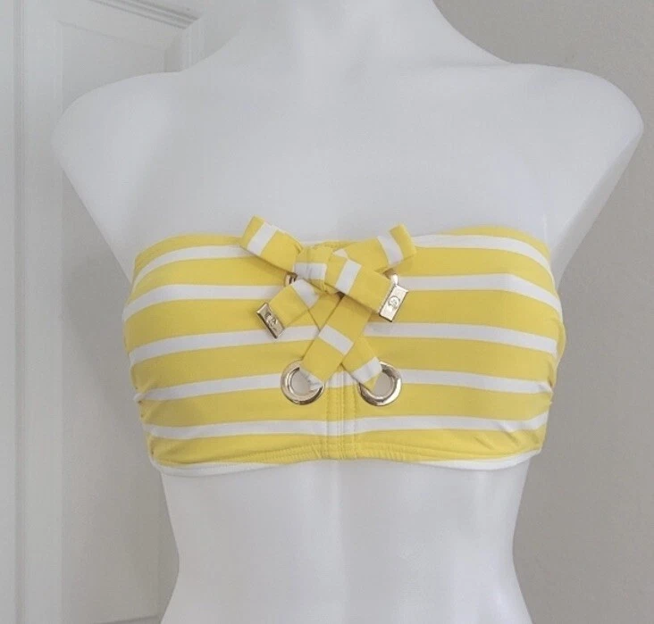Top de bikini Michael Kors a rayas bandeau amarillo y blanco acolchado talla XS Foto 2 de 4