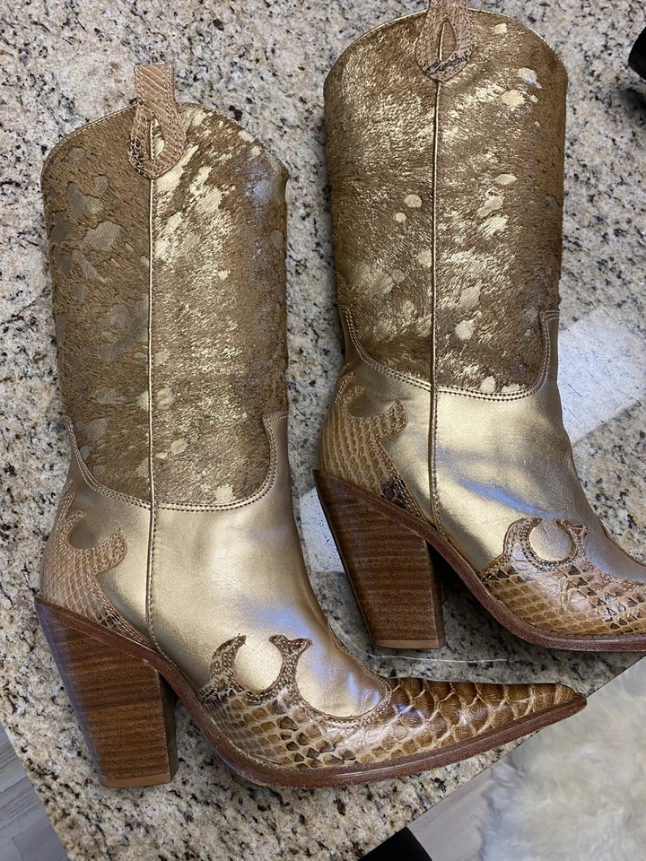 Cowboy Boots Chunky Heels Gold Fur Calf Hair Glitter Snake Accent Sexy Sz 7 - Image 4 of 4