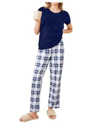 Women's Pajamas 2 Piece Pajama Sets Soft Short X-Large Navy Blue-white Plaid
