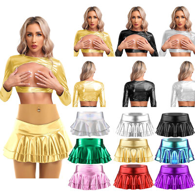 DE Sexy Damen Metallic Mini Rock Wetlook Cut Out Crop Tops Party Rock Clubwear