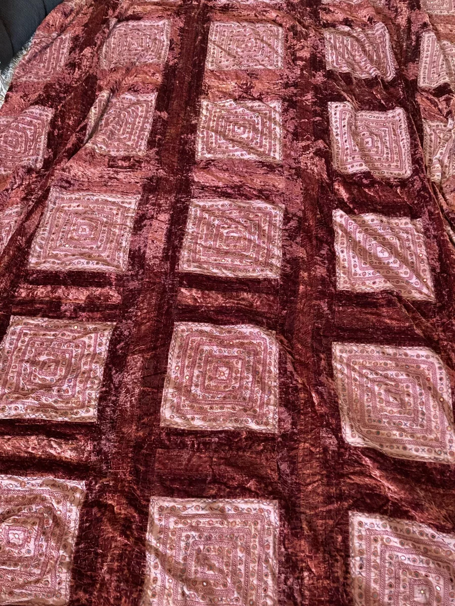 King sz Kantha Quilt Handmade With Mirrors Red Crush Velvet 108