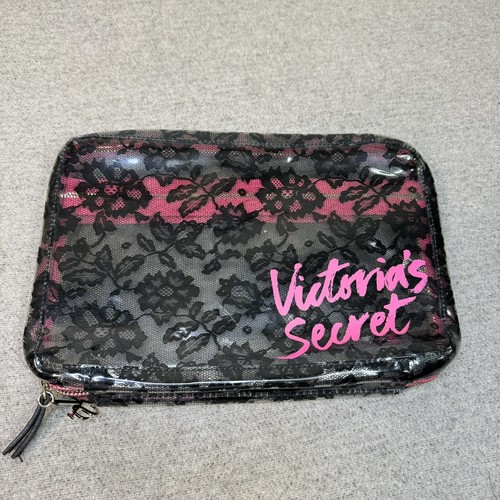 Victorias Secret Cosmetic Case Travel Bag 10X6X2 Durable See Thru Lace Logo Y2K