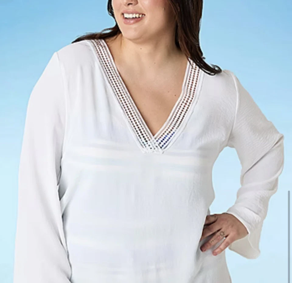 Nuevo con etiquetas Liz Claiborne Mujer Plus Natación Cubre Cuello en V Talla 24W Blanco Ojales Foto 2 de 4