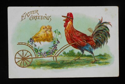 1900s Easter Greetings Charming Chicken Pushing Two Chicks in Egg Wheelbarrow PC