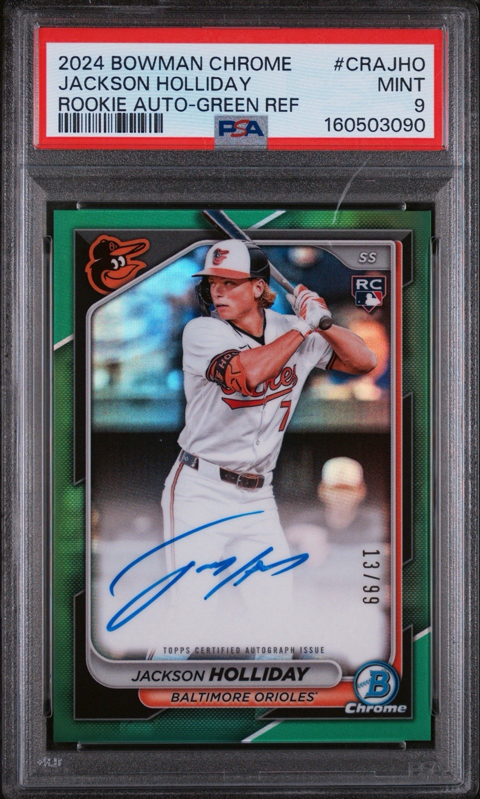 2024 Bowman Chrome Jackson Holliday Rookie Auto RC Green Refractor 13/99 PSA 9 view 1