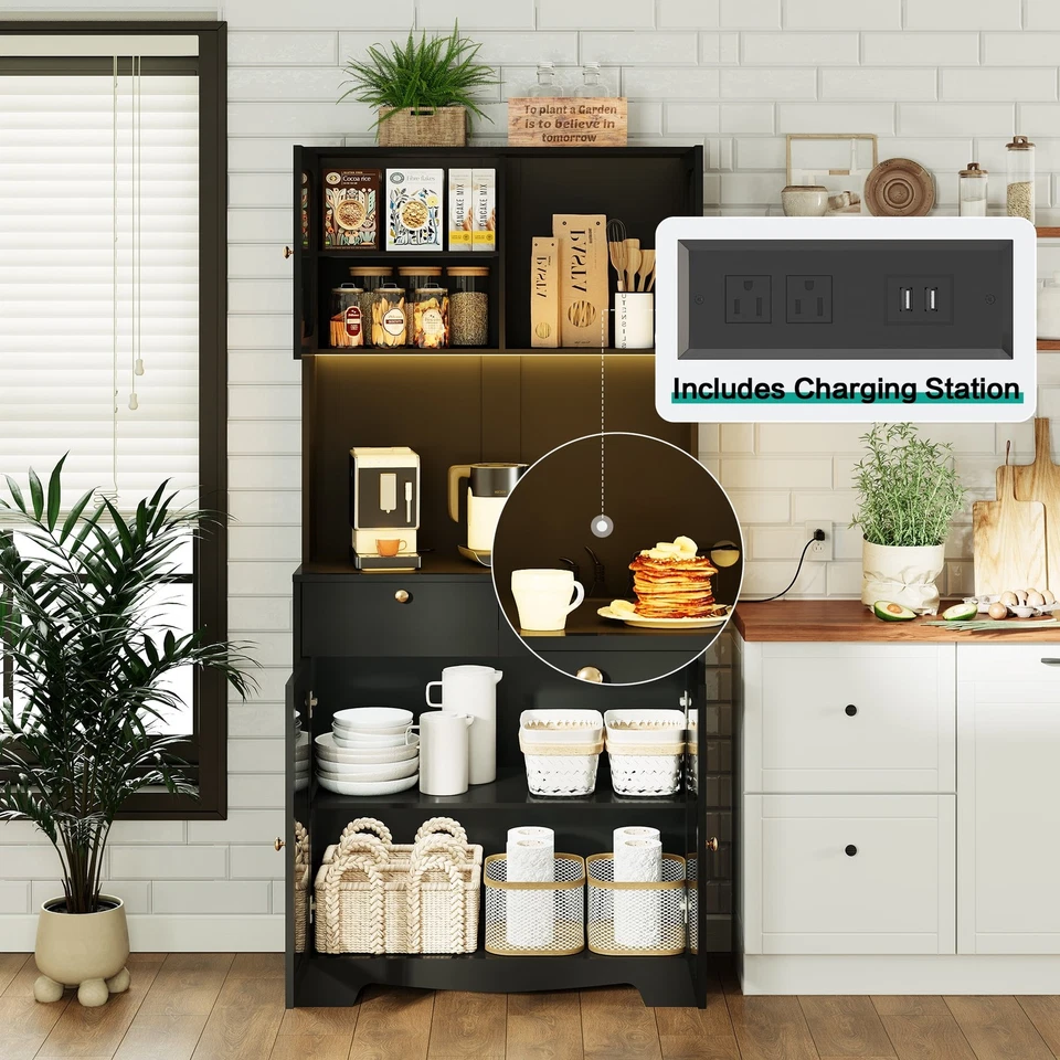 71" Kitchen Pantry Storage Cabinet with Glass Doors LED Light and Power Outlet - Image 3 of 4