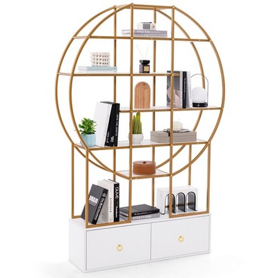 71'' Tall Metal Bookcase 6-Tier Gold Bookshelf w/ 2 Storage Drawers Home Office