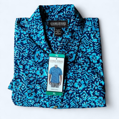 #ad Cooke Street Men#x27;s short Sleeve Aloha Hawaiian Shirt Cotton Dark Blue Size XL $24.95