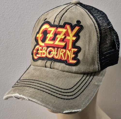 Ozzy Baseball Cap Khaki & Black Mesh Distressed Ozzy Osbourne Rock Band Hat - Picture 9 of 16